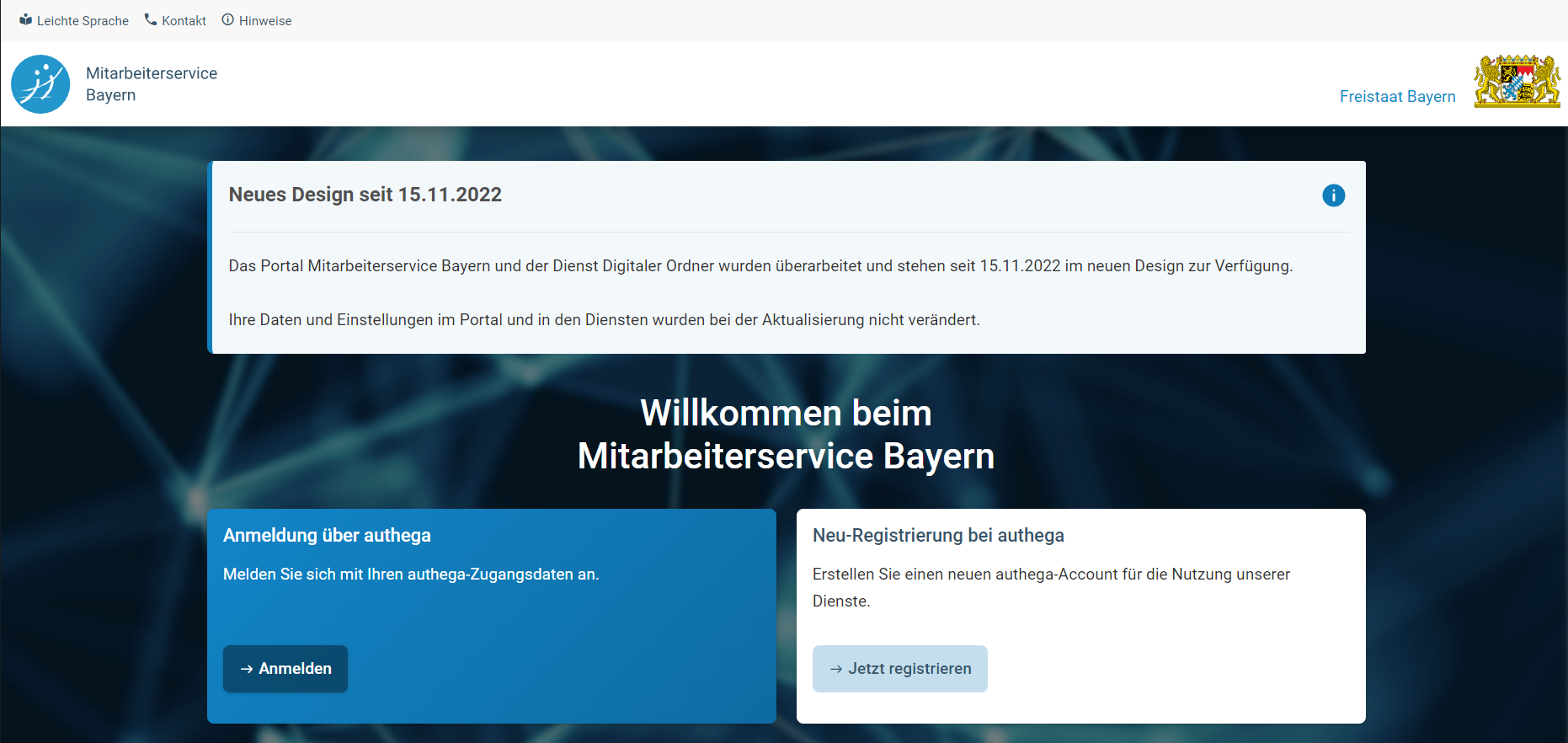 Startseite des Mitarbeiterservice Bayern mit Hinweismeldung /